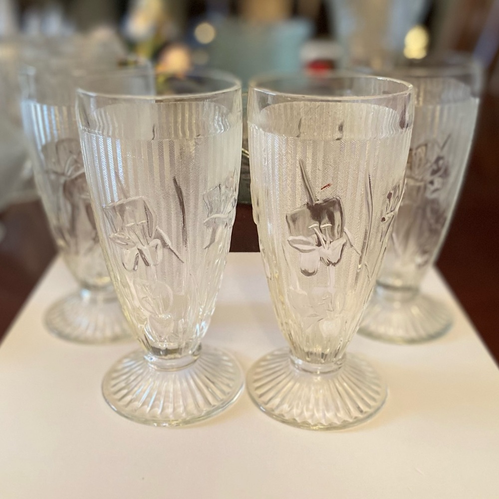 Set of 4 Iris & Herringbone Depression Glass Clear Footed Tumblers